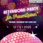 Plakat für Afterwork-Party für FrauenLesben am 12.12.2025 von 19–22 Uhr im Sonntags-Club. Bunte Lichter, Glitzerkugel und Text: Tanzbar, Queerbeat mit DJane HZD.