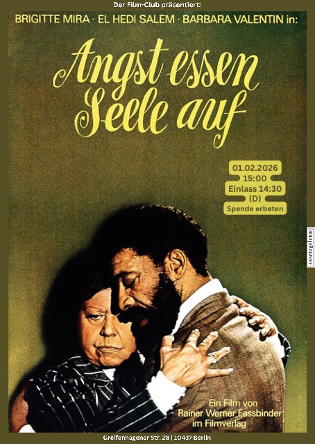 Filmplakat für ‚Angst essen Seele auf‘ mit zwei Personen in inniger Umarmung. Veranstaltung am 01.02.2026 um 15 Uhr in Berlin, Spende erbeten.