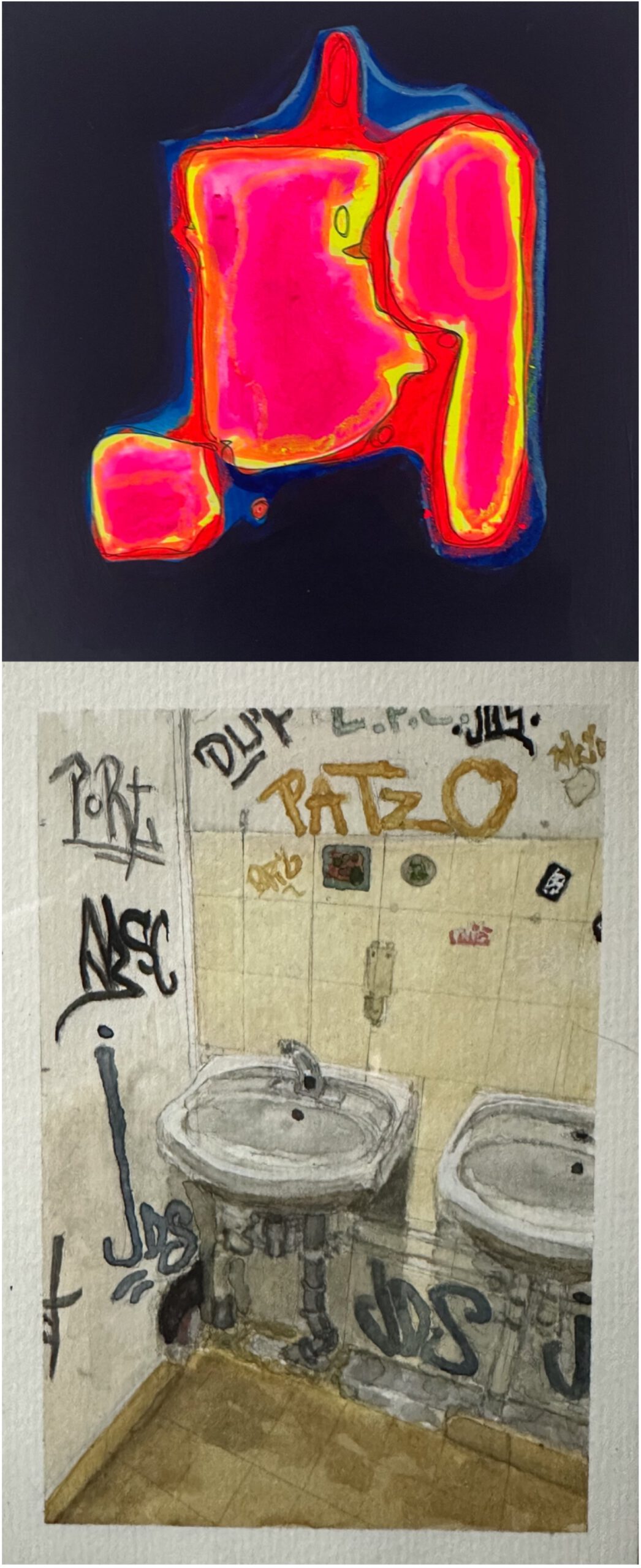 Zweiteiliges Bild: oben abstrakte Form in leuchtendem Pink, Rot und Gelb auf dunklem Hintergrund; unten Aquarell einer Toilettenszene mit zwei Waschbecken und Wänden voller Graffiti.