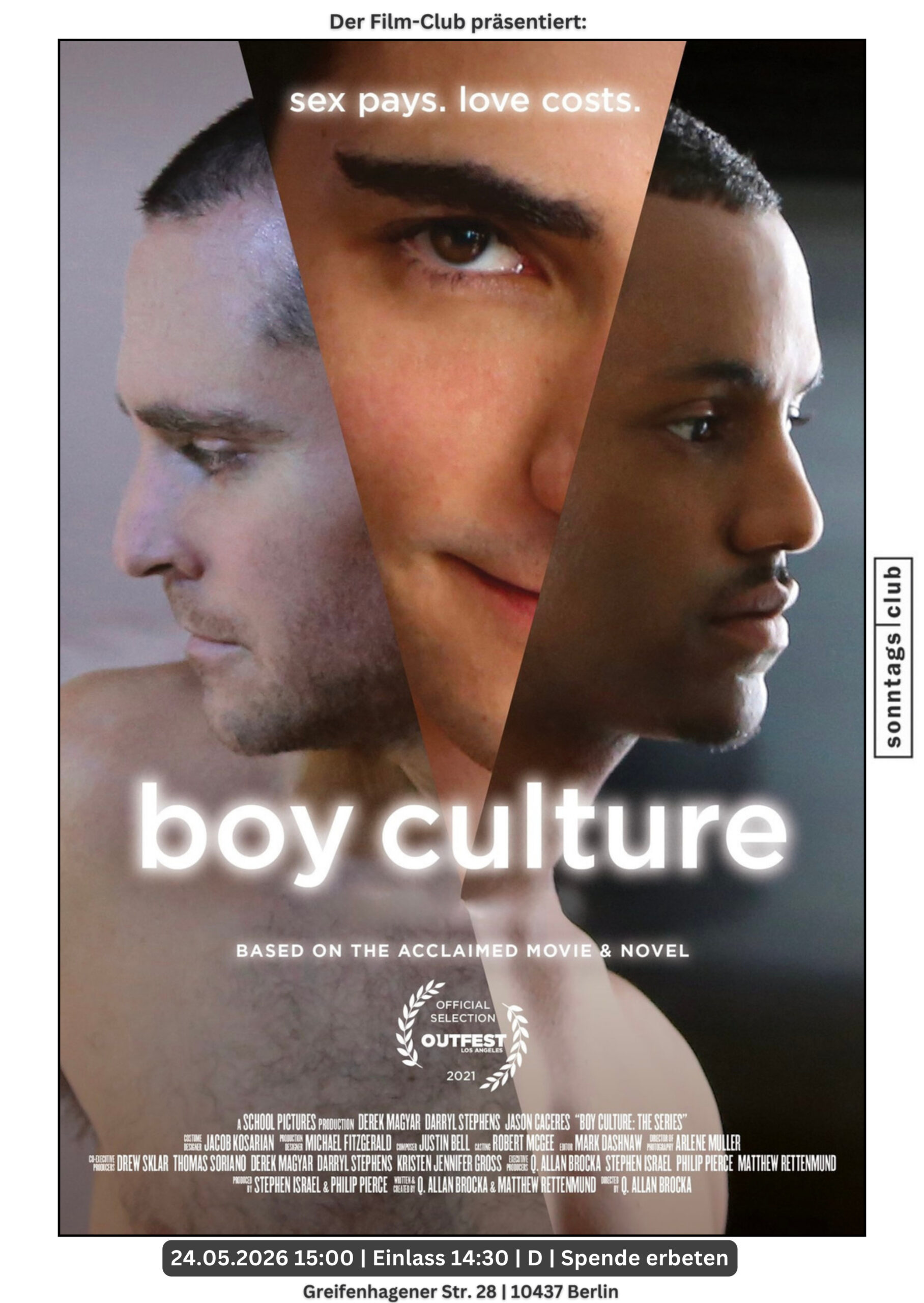 Poster zur Film‑Club‑Vorführung von Boy Culture mit minimalistischem, hell beleuchtetem Motiv und weißem Filmtitel. Text nennt Termin: 24.05.2026, 15:00 Uhr, Einlass 14:30 Uhr, Spende erbeten, Sonntags‑Club.