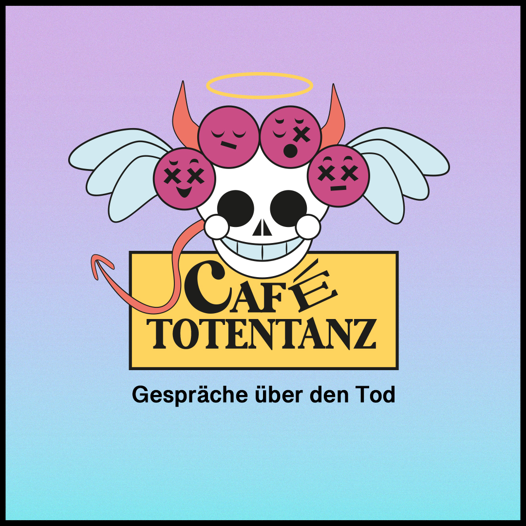 Logo mit geflügeltem Totenschädel, drei pinken Köpfen mit unterschiedlichen Gesichtsausdrücken, roten Hörnern und gelbem Heiligenschein. Darunter steht ‚Café Totentanz – Gespräche über den Tod‘ auf einem lila-blauen Farbverlauf.
