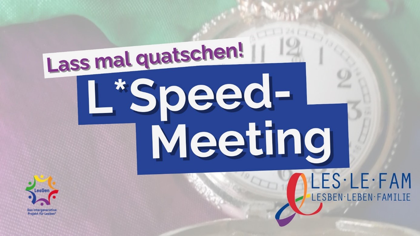 Werbegrafik für ‚L Speed-Meeting‘ mit Text ‚Lass mal quatschen!‘ vor unscharfem Uhr-Hintergrund. Logos von LES·LE·FAM und LesGen unten.