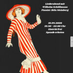 Poster für den Liederabend ‚Der Wind hat mir ein Lied erzählt‘ mit Illustration einer Person in rot‑weiß gestreiftem Kostüm. Text nennt Termin: 18.04.2026, 19:30–22:00 Uhr, Eintritt frei, Spende erbeten, Sonntags‑Club Berlin.