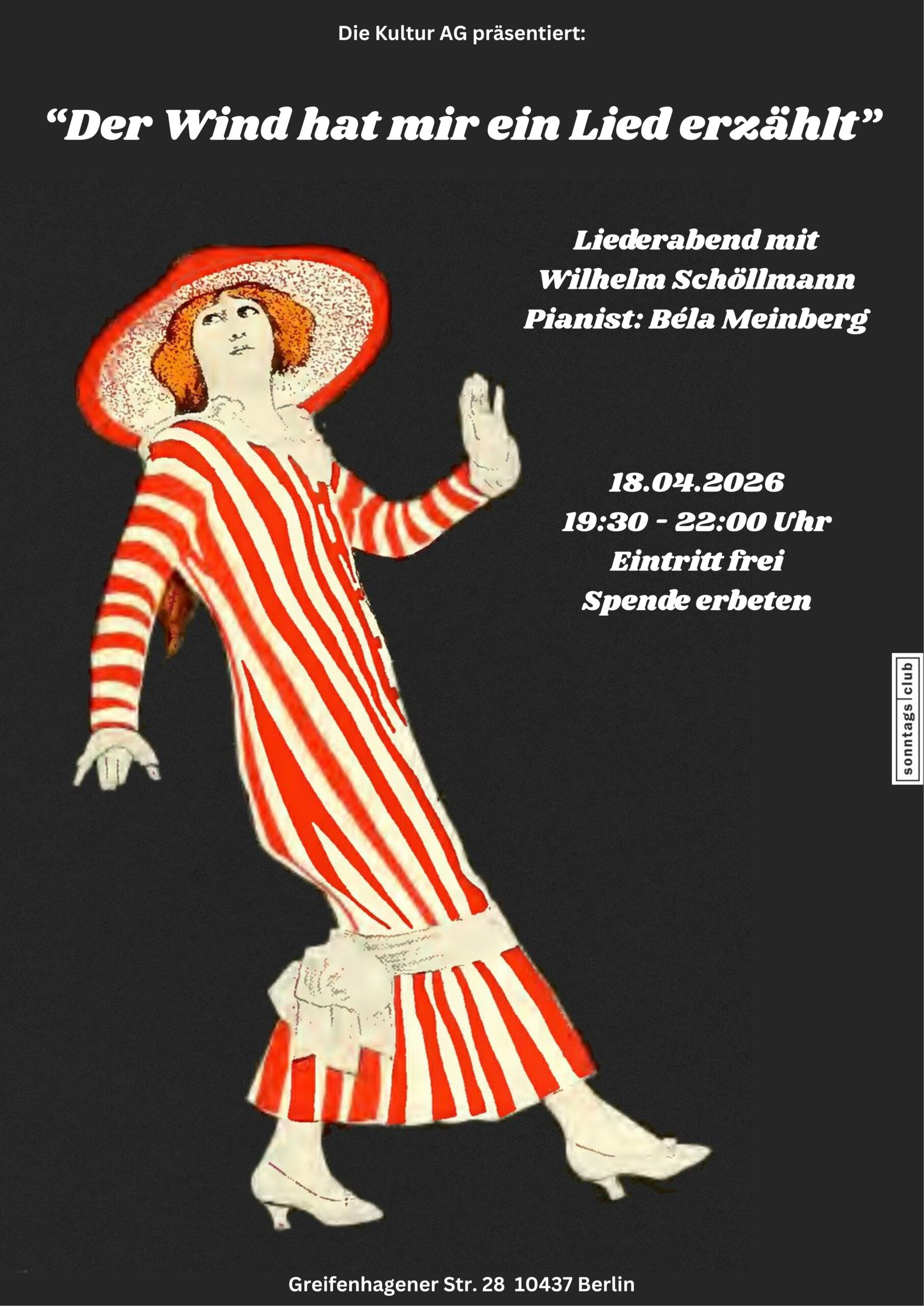 Poster für den Liederabend ‚Der Wind hat mir ein Lied erzählt‘ mit Illustration einer Person in rot‑weiß gestreiftem Kostüm. Text nennt Termin: 18.04.2026, 19:30–22:00 Uhr, Eintritt frei, Spende erbeten, Sonntags‑Club Berlin.