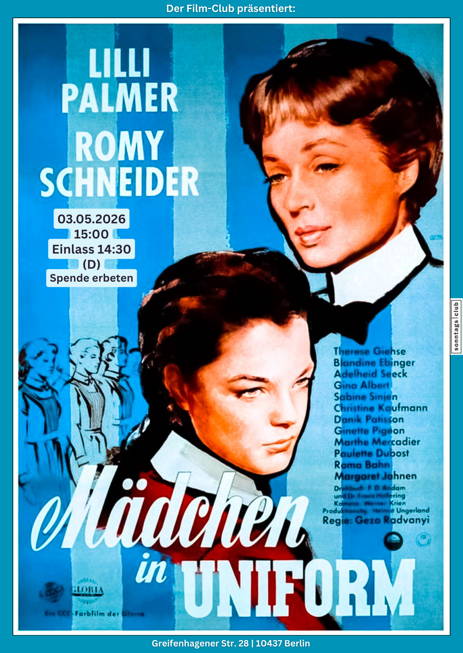 Poster zur Film‑Club‑Vorführung von Mädchen in Uniform mit blauem Hintergrund und zwei Figuren in Schuluniform. Text nennt die Hauptdarstellenden sowie Termin: 03.05.2026, 15:00 Uhr, Einlass 14:30 Uhr, Spende erbeten, Sonntags‑Club.