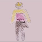 Handgezeichnete Figur mit gelbem Oberkörper, pinkem Mittelteil mit Aufschrift ‚NON-binär und schwarzem Unterkörper vor lila Hintergrund.