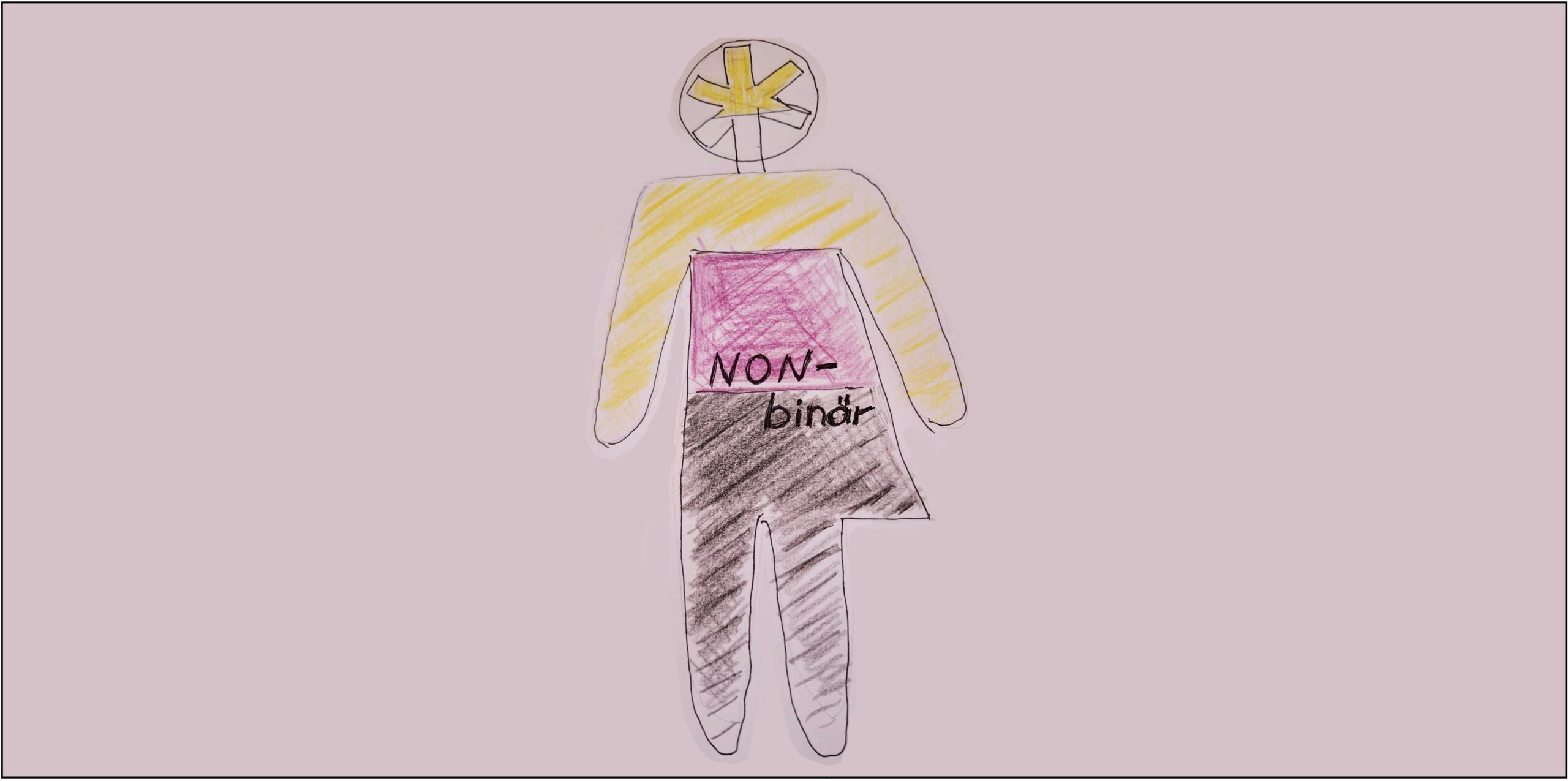 Handgezeichnete Figur mit gelbem Oberkörper, pinkem Mittelteil mit Aufschrift ‚NON-binär und schwarzem Unterkörper vor lila Hintergrund.