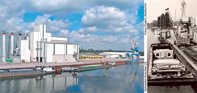 Zweiteiliges Bild eines Hafens: links ein modernes Industriehafen mit Silos und Kränen, rechts ein historisches Schwarz-Weiß-Foto desselben Hafens mit älterer Infrastruktur. Text: ‚Schwaben / Foto: Archiv DB‘