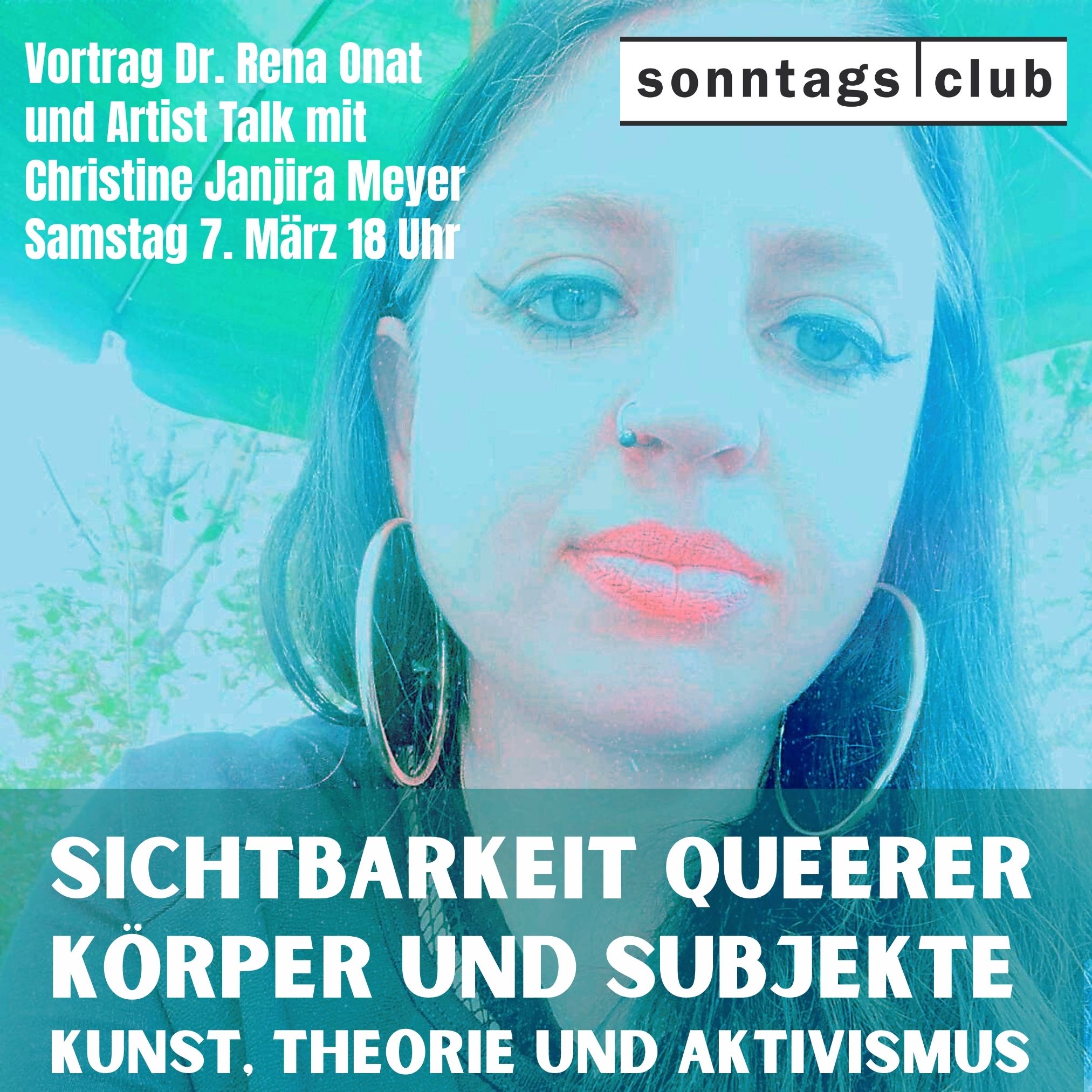 Poster für einen Vortrag und Artist Talk zur ‚Sichtbarkeit queerer Körper und Subjekte‘, mit textbasiertem Layout in Türkis und Weiß.