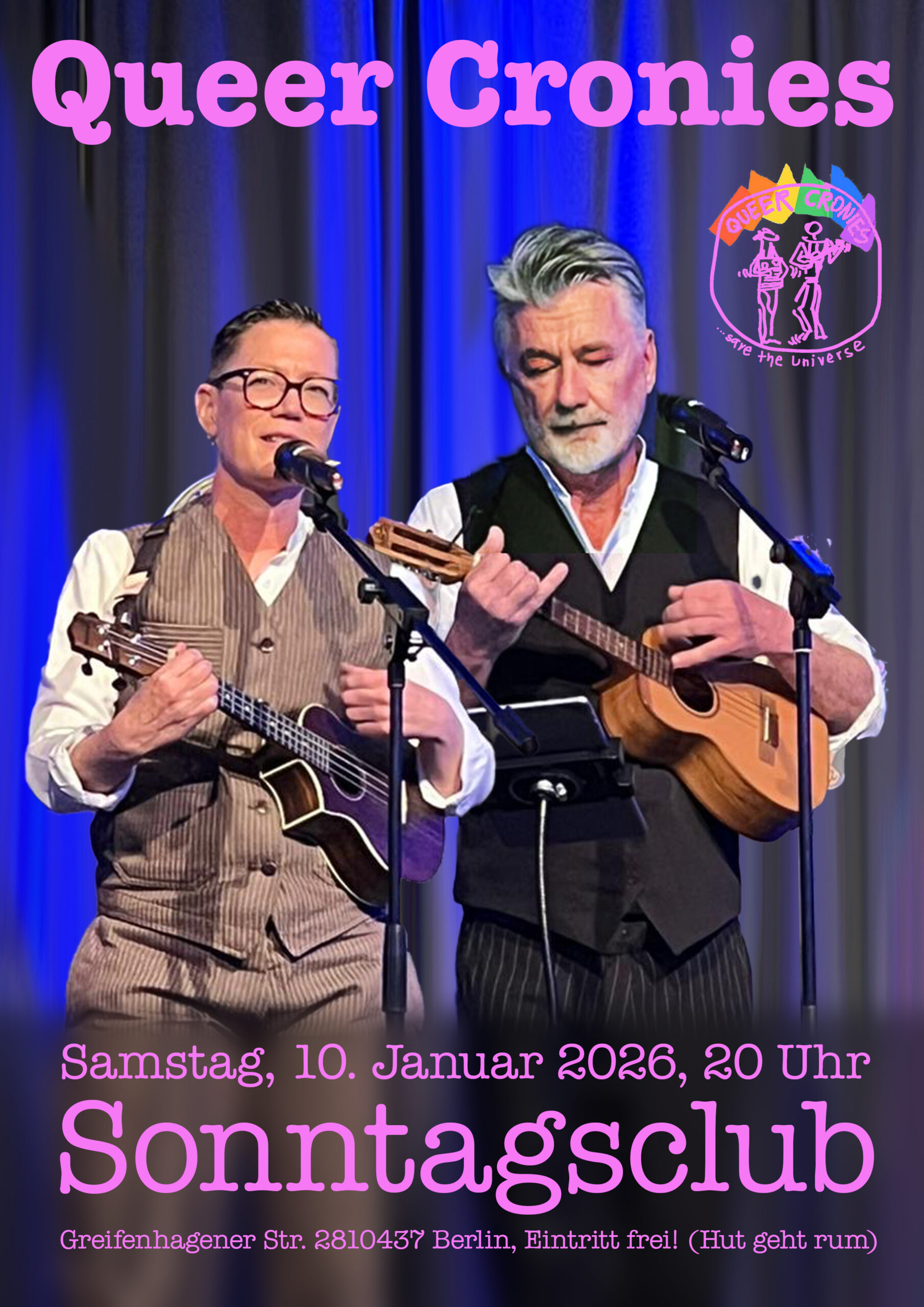 Veranstaltungsposter ‚Queer Cronies‘ im Sonntags-Club: zwei Personen spielen Ukulele auf einer Bühne vor blauem Vorhang. Text nennt Termin: Samstag, 10. Januar 2026, 20 Uhr, Ort: Greifenhagener Str. 28, Berlin, Eintritt frei.
