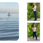 Zweiteiliges Bild: links eine ruhige Seeszene mit einer Person auf einem Stand-Up-Paddle und drei Vögeln im Wasser; rechts vier kleinere Fotos einer Person beim Outdoor-Training, umgeben von Natur.