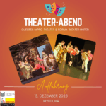 Plakat für Theater-Abend am 13. Dezember 2025 um 18:30 Uhr im Sonntags-Club. Thema: Queeres Impro-Theater und Forum-Theater United. Zwei Fotos von Bühnenauftritten, oben bunte Theatermasken-Grafik.