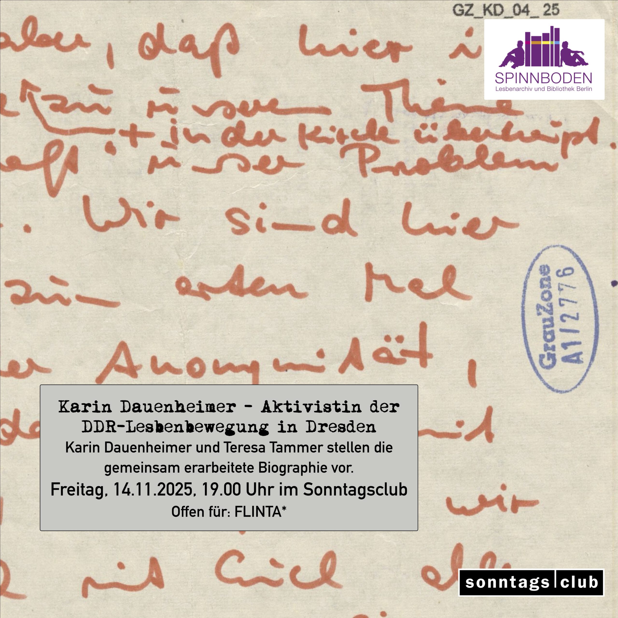 Flyer für eine Veranstaltung mit Karin Dauenheimer am 14.11.2025 im Sonntagsclub. Hintergrund: handgeschriebener Brief, Logos von Spinnboden und sonntags club.